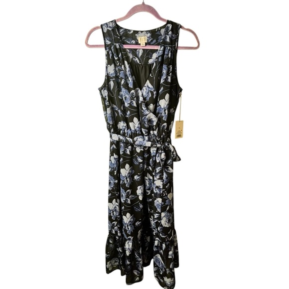 A New Day Navy and Light‎ Blue Floral Wrap Style Midi Dress Size Small - Picture 1 of 10